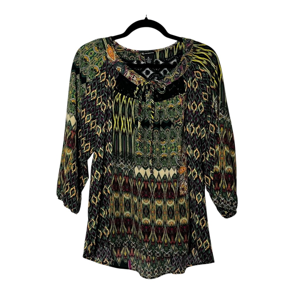 New Directions Womens Boho Mixed Print Lace Yoke Tassel Tie Blouse Green‎ M